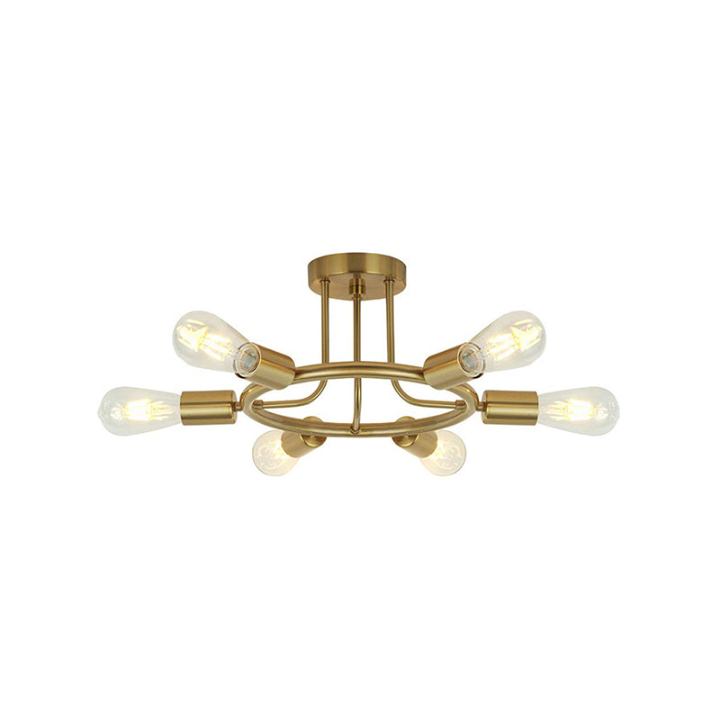 Bare Bulb Semi Flush Ceiling Light Mid Century Metallic 6 Heads Semi Mount Light in Brass/Black Finish Clearhalo 'Ceiling Lights' 'Close To Ceiling Lights' 'Close to ceiling' 'Semi-flushmount' Lighting' 257565