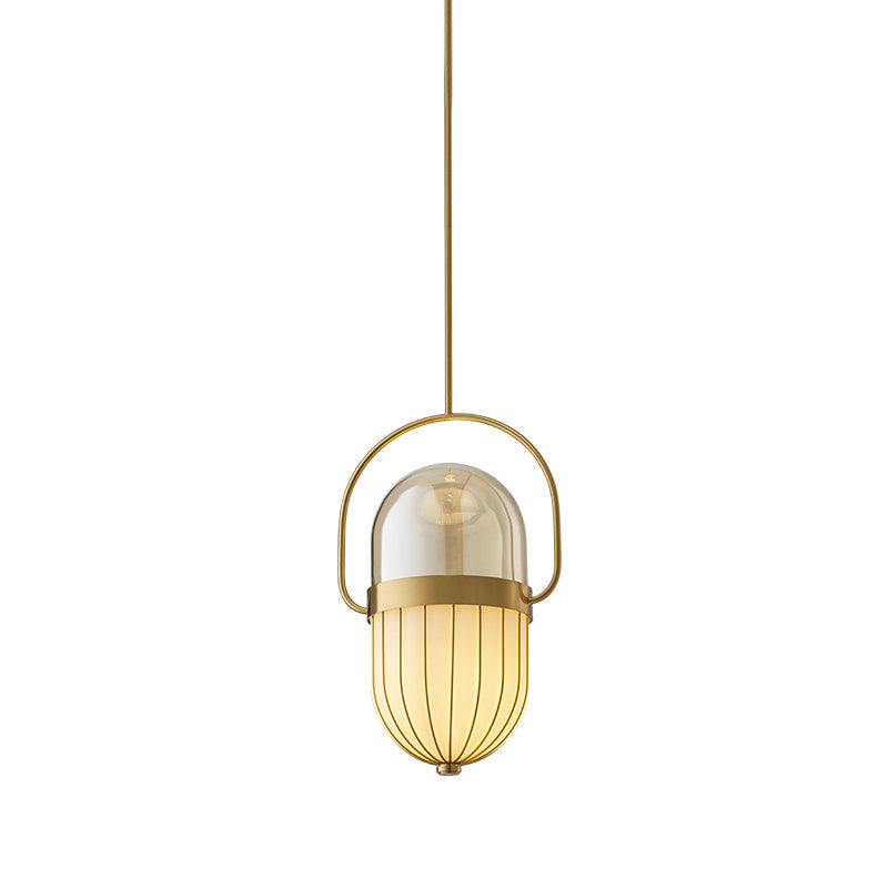 Postmodern Pill Capsule Pendant Lamp Clear and White Glass 1 Head Dining Room Hanging Ceiling Light in Gold Clearhalo 'Ceiling Lights' 'Glass shade' 'Glass' 'Modern Pendants' 'Modern' 'Pendant Lights' 'Pendants' Lighting' 257577