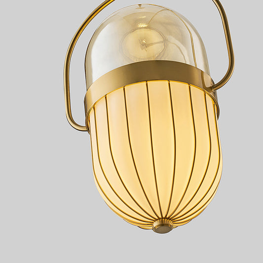 Postmodern Pill Capsule Pendant Lamp Clear and White Glass 1 Head Dining Room Hanging Ceiling Light in Gold Clearhalo 'Ceiling Lights' 'Glass shade' 'Glass' 'Modern Pendants' 'Modern' 'Pendant Lights' 'Pendants' Lighting' 257578