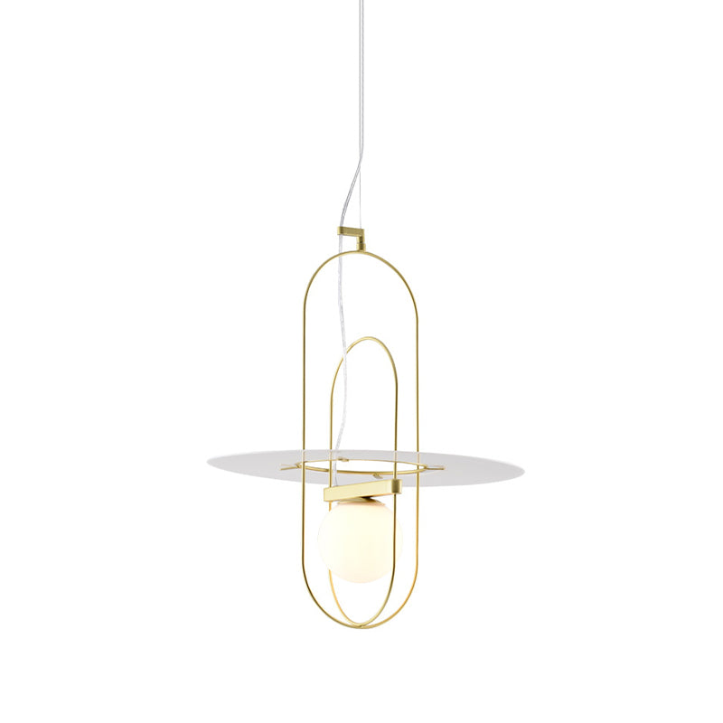 Brass Oval Frame Pendant Light Fixture Contemporary 1 Head Metal Suspension Light with Disc Glass Shade Clearhalo 'Ceiling Lights' 'Glass shade' 'Glass' 'Modern Pendants' 'Modern' 'Pendant Lights' 'Pendants' Lighting' 257582