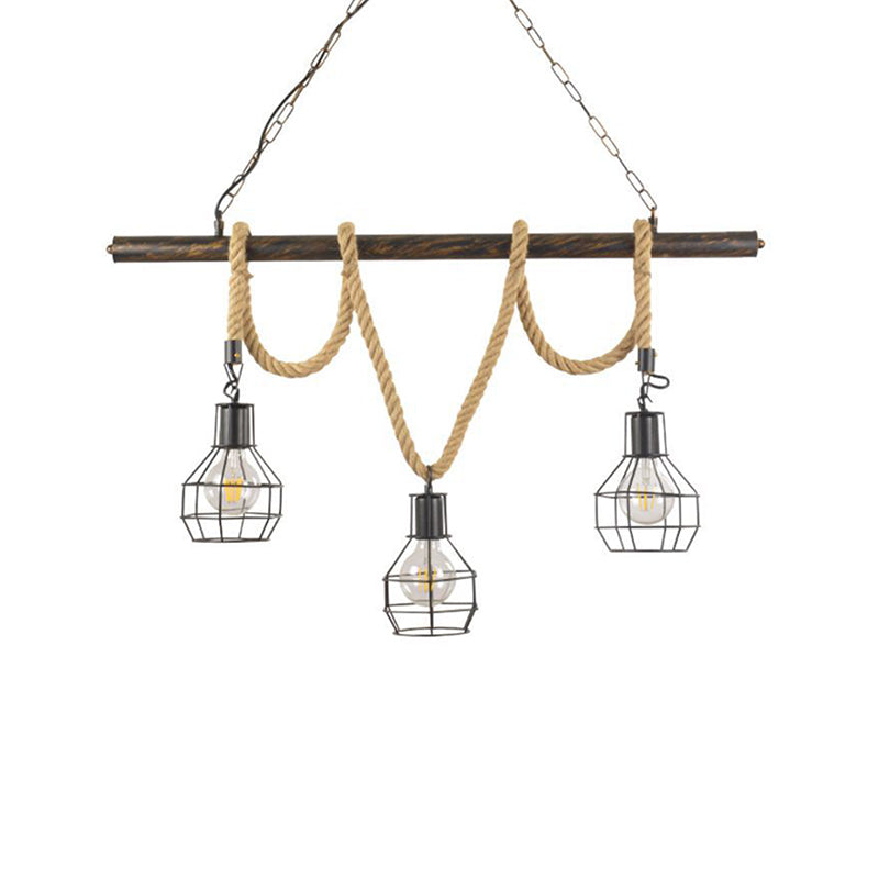 Global/Bottle Restaurant Island Pendant Light Iron 3 Lights Retro Style Black Ceiling Light with Hanging Rope Clearhalo 'Ceiling Lights' 'Island Lights' Lighting' 257591