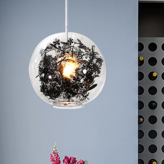 Clear Glass Sphere Pendant Ceiling Light Modern 1 Head Hanging Lamp with Black Plant Design Inside Black Clearhalo 'Ceiling Lights' 'Glass shade' 'Glass' 'Modern Pendants' 'Modern' 'Pendant Lights' 'Pendants' Lighting' 257592