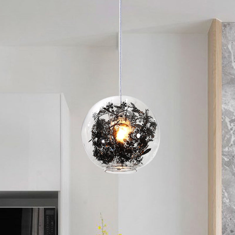 Clear Glass Sphere Pendant Ceiling Light Modern 1 Head Hanging Lamp with Black Plant Design Inside Clearhalo 'Ceiling Lights' 'Glass shade' 'Glass' 'Modern Pendants' 'Modern' 'Pendant Lights' 'Pendants' Lighting' 257593