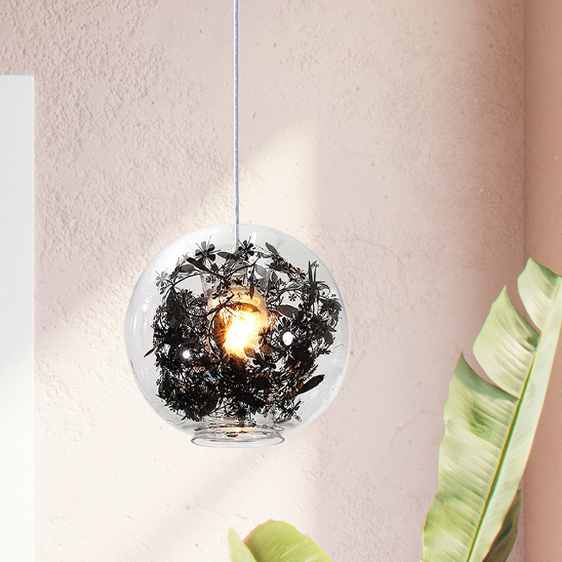 Clear Glass Sphere Pendant Ceiling Light Modern 1 Head Hanging Lamp with Black Plant Design Inside Clearhalo 'Ceiling Lights' 'Glass shade' 'Glass' 'Modern Pendants' 'Modern' 'Pendant Lights' 'Pendants' Lighting' 257594