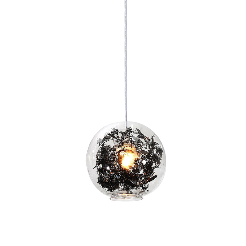 Clear Glass Sphere Pendant Ceiling Light Modern 1 Head Hanging Lamp with Black Plant Design Inside Clearhalo 'Ceiling Lights' 'Glass shade' 'Glass' 'Modern Pendants' 'Modern' 'Pendant Lights' 'Pendants' Lighting' 257596