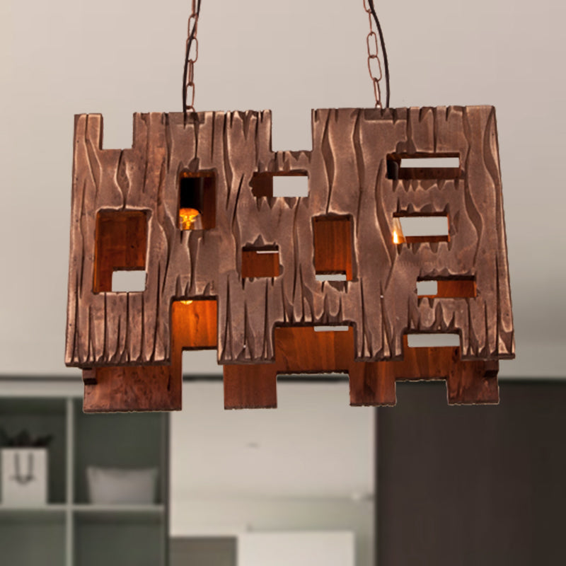 Rectangle Restaurant Island Chandelier Light Wood 2/3 Bulbs Countryside Pendant Lamp with Hollow Out Design in Brown Clearhalo 'Ceiling Lights' 'Island Lights' Lighting' 257621