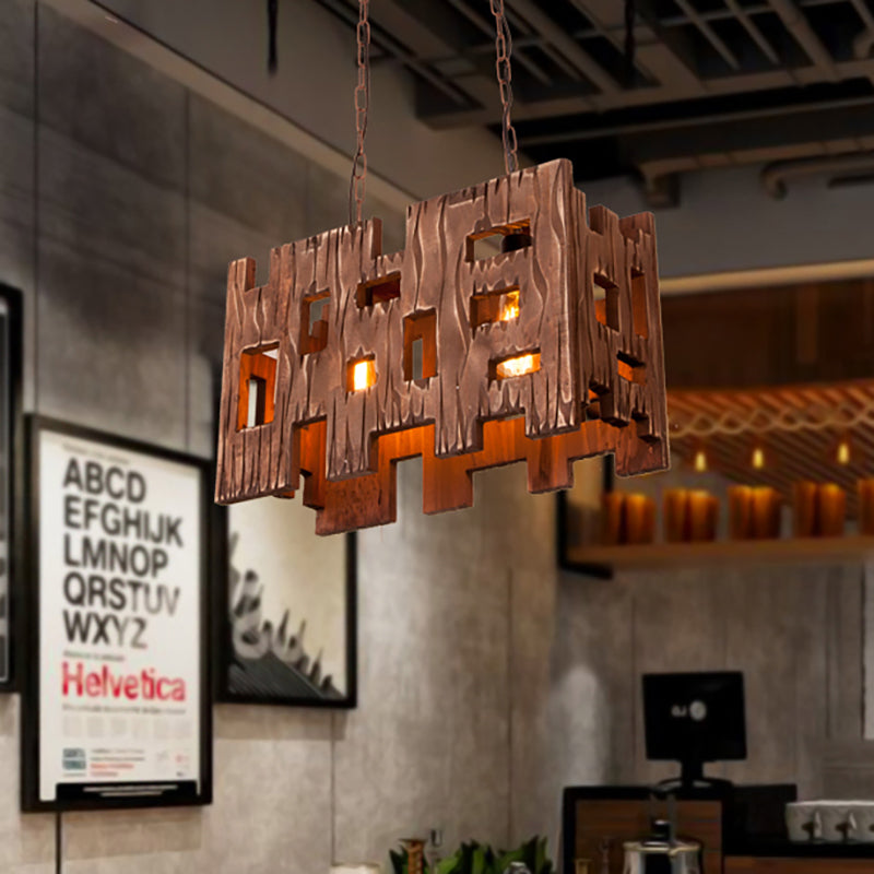 Rectangle Restaurant Island Chandelier Light Wood 2/3 Bulbs Countryside Pendant Lamp with Hollow Out Design in Brown 2 Brown Clearhalo 'Ceiling Lights' 'Island Lights' Lighting' 257622