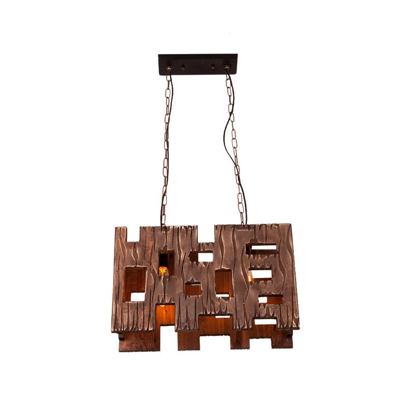 Rectangle Restaurant Island Chandelier Light Wood 2/3 Bulbs Countryside Pendant Lamp with Hollow Out Design in Brown Clearhalo 'Ceiling Lights' 'Island Lights' Lighting' 257624