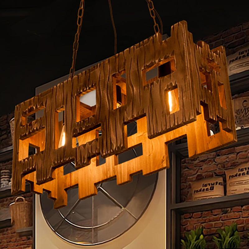 Rectangle Restaurant Island Chandelier Light Wood 2/3 Bulbs Countryside Pendant Lamp with Hollow Out Design in Brown 3 Brown Clearhalo 'Ceiling Lights' 'Island Lights' Lighting' 257625