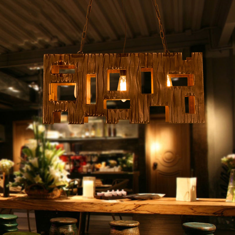 Rectangle Restaurant Island Chandelier Light Wood 2/3 Bulbs Countryside Pendant Lamp with Hollow Out Design in Brown Clearhalo 'Ceiling Lights' 'Island Lights' Lighting' 257626