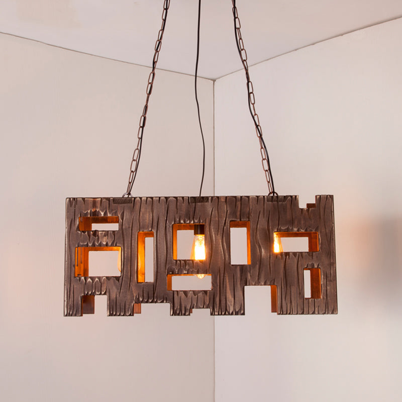 Rectangle Restaurant Island Chandelier Light Wood 2/3 Bulbs Countryside Pendant Lamp with Hollow Out Design in Brown Clearhalo 'Ceiling Lights' 'Island Lights' Lighting' 257627