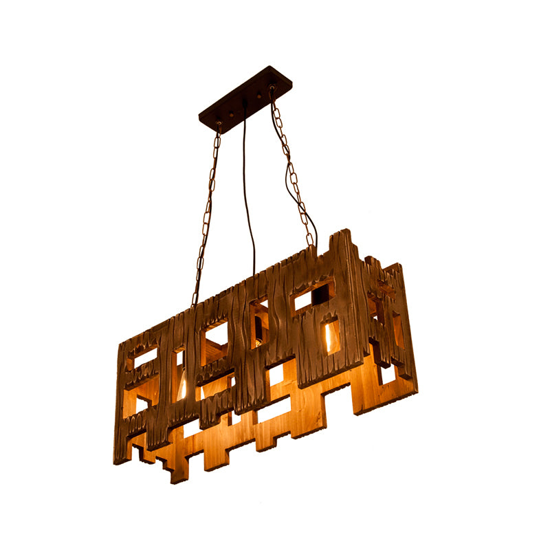 Rectangle Restaurant Island Chandelier Light Wood 2/3 Bulbs Countryside Pendant Lamp with Hollow Out Design in Brown Clearhalo 'Ceiling Lights' 'Island Lights' Lighting' 257628