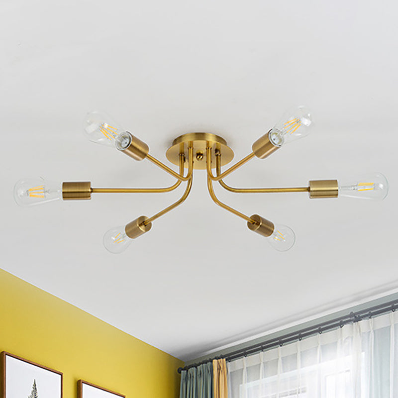 Industrial Style Branch Semi Mount Lighting Metallic 6 Lights Ceiling Flush Mount with Exposed Bulb in Brass/Nickel Clearhalo 'Ceiling Lights' 'Close To Ceiling Lights' 'Close to ceiling' 'Semi-flushmount' Lighting' 257635