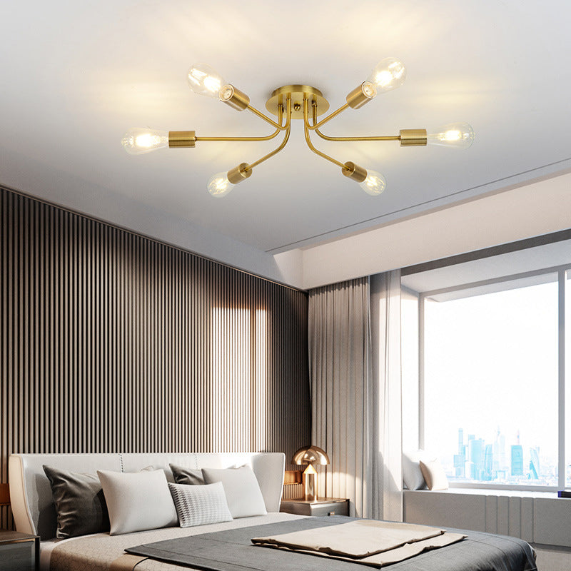 Industrial Style Branch Semi Mount Lighting Metallic 6 Lights Ceiling Flush Mount with Exposed Bulb in Brass/Nickel Clearhalo 'Ceiling Lights' 'Close To Ceiling Lights' 'Close to ceiling' 'Semi-flushmount' Lighting' 257637