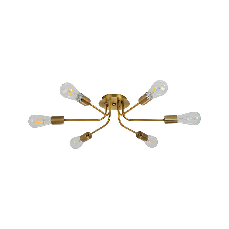 Industrial Style Branch Semi Mount Lighting Metallic 6 Lights Ceiling Flush Mount with Exposed Bulb in Brass/Nickel Clearhalo 'Ceiling Lights' 'Close To Ceiling Lights' 'Close to ceiling' 'Semi-flushmount' Lighting' 257638