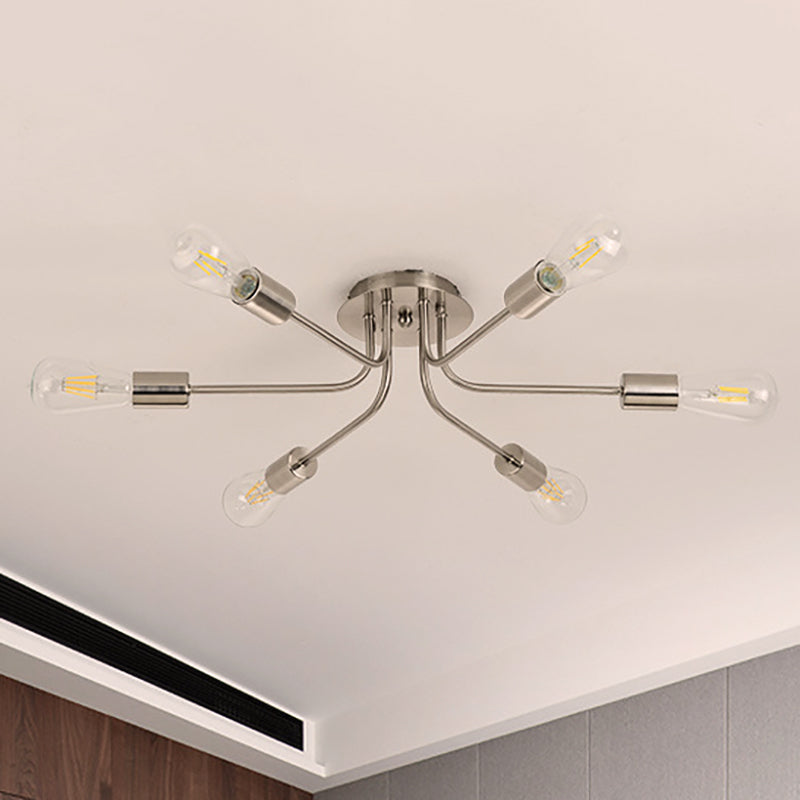 Industrial Style Branch Semi Mount Lighting Metallic 6 Lights Ceiling Flush Mount with Exposed Bulb in Brass/Nickel Nickel Clearhalo 'Ceiling Lights' 'Close To Ceiling Lights' 'Close to ceiling' 'Semi-flushmount' Lighting' 257639