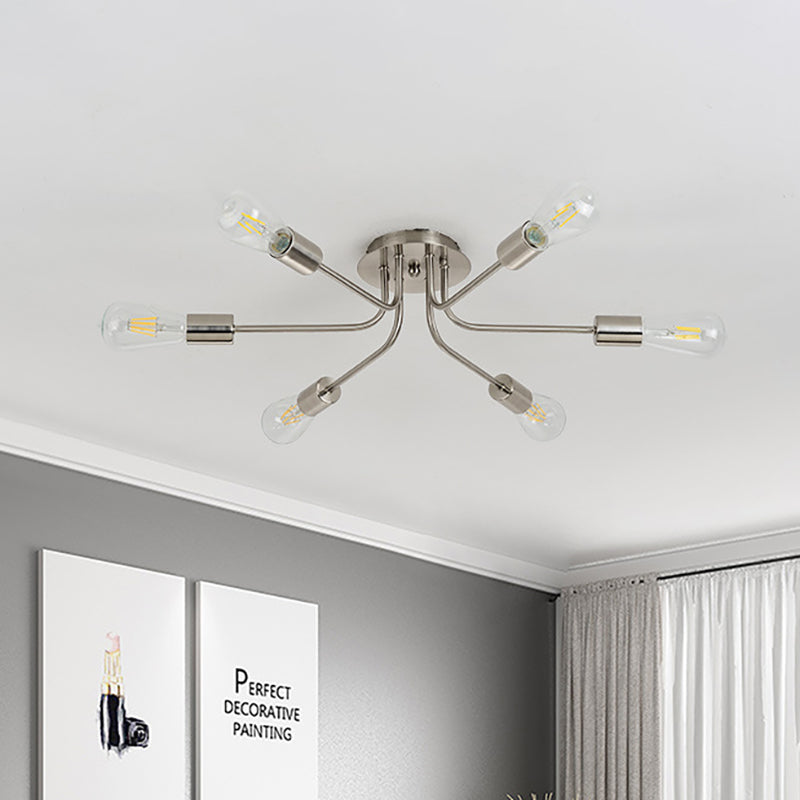 Industrial Style Branch Semi Mount Lighting Metallic 6 Lights Ceiling Flush Mount with Exposed Bulb in Brass/Nickel Clearhalo 'Ceiling Lights' 'Close To Ceiling Lights' 'Close to ceiling' 'Semi-flushmount' Lighting' 257640