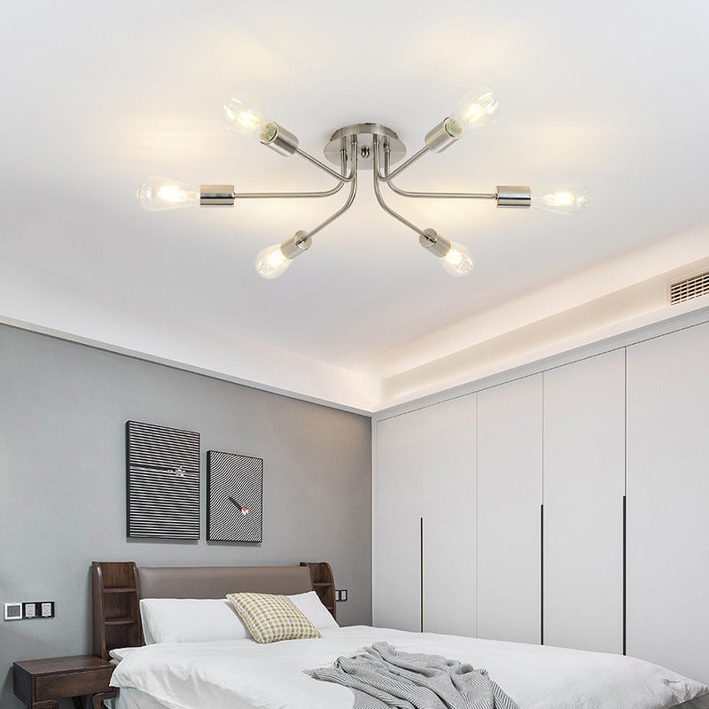 Industrial Style Branch Semi Mount Lighting Metallic 6 Lights Ceiling Flush Mount with Exposed Bulb in Brass/Nickel Clearhalo 'Ceiling Lights' 'Close To Ceiling Lights' 'Close to ceiling' 'Semi-flushmount' Lighting' 257641