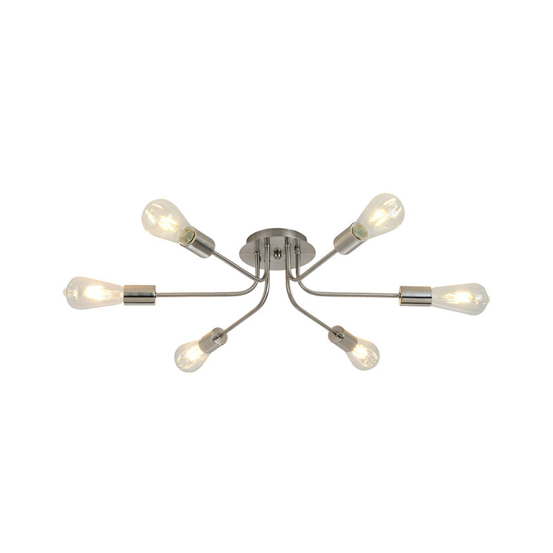 Industrial Style Branch Semi Mount Lighting Metallic 6 Lights Ceiling Flush Mount with Exposed Bulb in Brass/Nickel Clearhalo 'Ceiling Lights' 'Close To Ceiling Lights' 'Close to ceiling' 'Semi-flushmount' Lighting' 257642