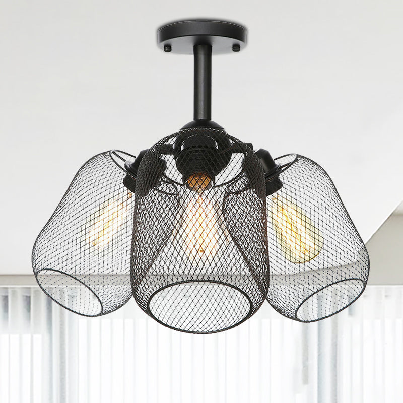 Industrial Style Cylinder/Lantern Ceiling Light Fixture Metal 3 Heads Indoor Semi Mount Lighting with Mesh Screen in Black Clearhalo 'Ceiling Lights' 'Close To Ceiling Lights' 'Close to ceiling' 'Semi-flushmount' Lighting' 257692