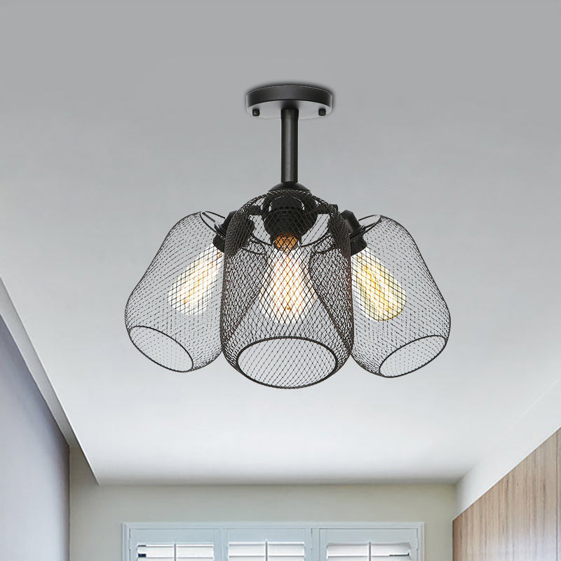 Industrial Style Cylinder/Lantern Ceiling Light Fixture Metal 3 Heads Indoor Semi Mount Lighting with Mesh Screen in Black Black Lantern Clearhalo 'Ceiling Lights' 'Close To Ceiling Lights' 'Close to ceiling' 'Semi-flushmount' Lighting' 257693