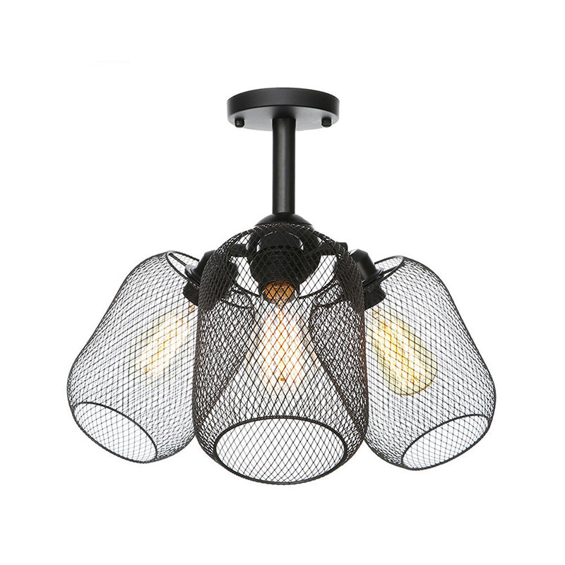 Industrial Style Cylinder/Lantern Ceiling Light Fixture Metal 3 Heads Indoor Semi Mount Lighting with Mesh Screen in Black Clearhalo 'Ceiling Lights' 'Close To Ceiling Lights' 'Close to ceiling' 'Semi-flushmount' Lighting' 257695