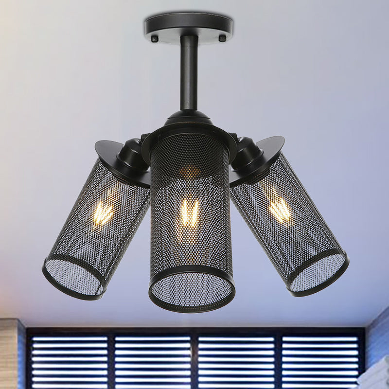 Industrial Style Cylinder/Lantern Ceiling Light Fixture Metal 3 Heads Indoor Semi Mount Lighting with Mesh Screen in Black Black Cylinder Clearhalo 'Ceiling Lights' 'Close To Ceiling Lights' 'Close to ceiling' 'Semi-flushmount' Lighting' 257696