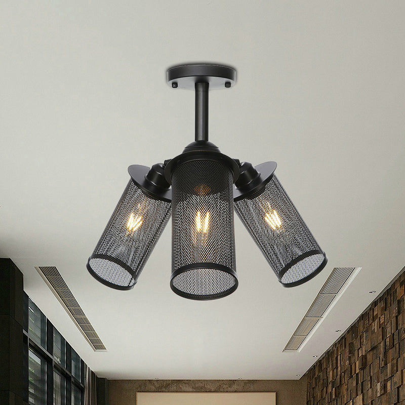 Industrial Style Cylinder/Lantern Ceiling Light Fixture Metal 3 Heads Indoor Semi Mount Lighting with Mesh Screen in Black Clearhalo 'Ceiling Lights' 'Close To Ceiling Lights' 'Close to ceiling' 'Semi-flushmount' Lighting' 257697