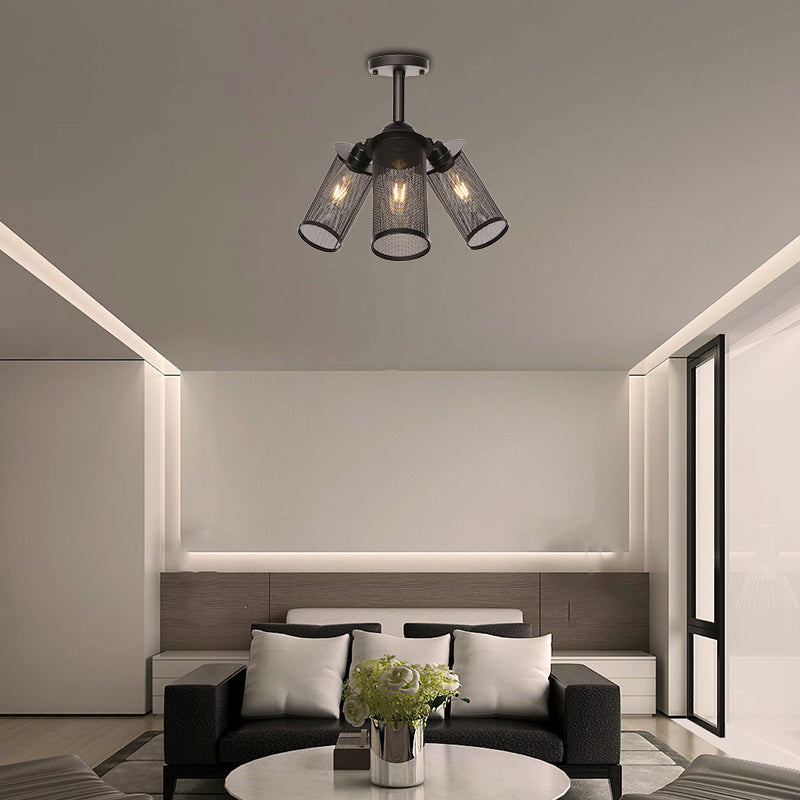 Industrial Style Cylinder/Lantern Ceiling Light Fixture Metal 3 Heads Indoor Semi Mount Lighting with Mesh Screen in Black Clearhalo 'Ceiling Lights' 'Close To Ceiling Lights' 'Close to ceiling' 'Semi-flushmount' Lighting' 257698