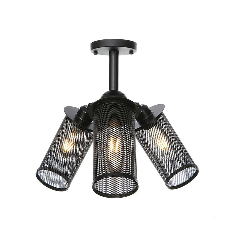 Industrial Style Cylinder/Lantern Ceiling Light Fixture Metal 3 Heads Indoor Semi Mount Lighting with Mesh Screen in Black Clearhalo 'Ceiling Lights' 'Close To Ceiling Lights' 'Close to ceiling' 'Semi-flushmount' Lighting' 257699