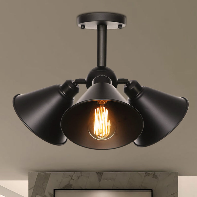 3 Heads Indoor Semi Flush Ceiling Light Vintage Style Black Ceiling Flush Mount with Cone/Saucer Metallic Shade Clearhalo 'Ceiling Lights' 'Close To Ceiling Lights' 'Close to ceiling' 'Semi-flushmount' Lighting' 257707