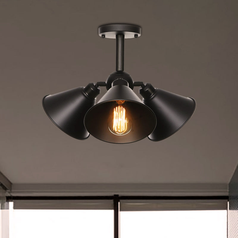 3 Heads Indoor Semi Flush Ceiling Light Vintage Style Black Ceiling Flush Mount with Cone/Saucer Metallic Shade Black Cone Clearhalo 'Ceiling Lights' 'Close To Ceiling Lights' 'Close to ceiling' 'Semi-flushmount' Lighting' 257708