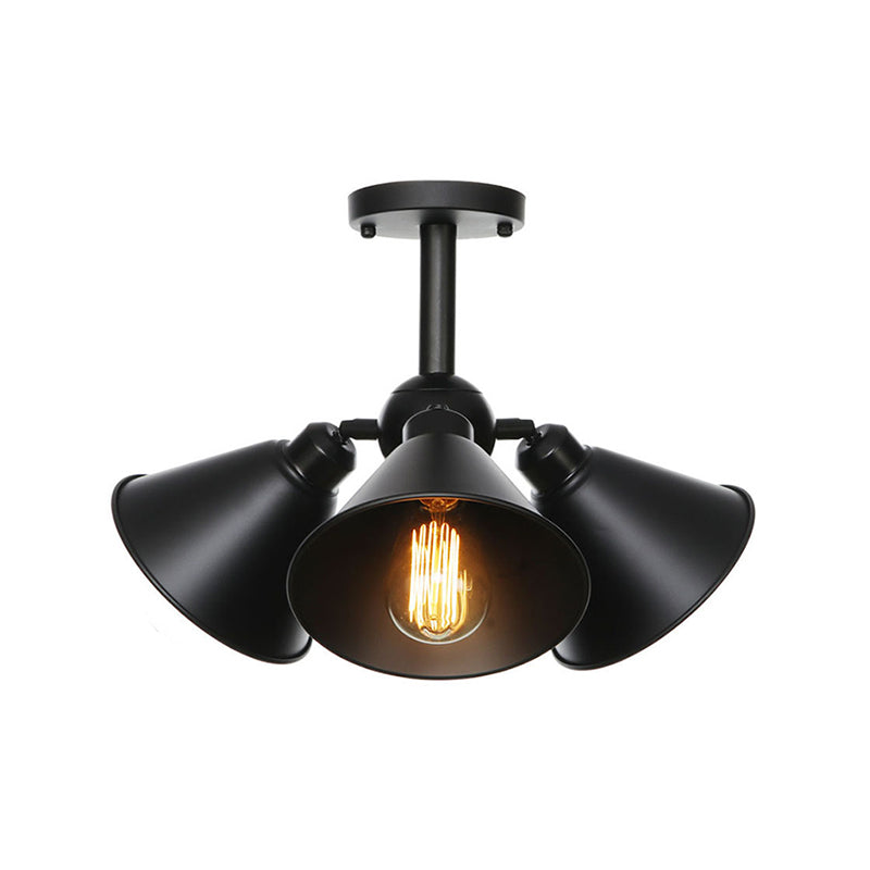 3 Heads Indoor Semi Flush Ceiling Light Vintage Style Black Ceiling Flush Mount with Cone/Saucer Metallic Shade Clearhalo 'Ceiling Lights' 'Close To Ceiling Lights' 'Close to ceiling' 'Semi-flushmount' Lighting' 257710