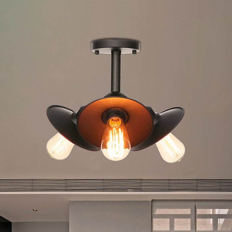 3 Heads Indoor Semi Flush Ceiling Light Vintage Style Black Ceiling Flush Mount with Cone/Saucer Metallic Shade Clearhalo 'Ceiling Lights' 'Close To Ceiling Lights' 'Close to ceiling' 'Semi-flushmount' Lighting' 257712