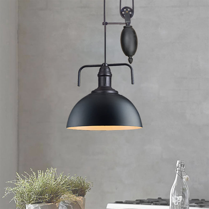 Black Dome Hanging Lighting Warehouse Style 1 Light Metallic Pendant Light Fixture with Pulley Design, 8"/12" Wide Black Clearhalo 'Art Deco Pendants' 'Black' 'Cast Iron' 'Ceiling Lights' 'Ceramic' 'Crystal' 'Industrial Pendants' 'Industrial' 'Metal' 'Middle Century Pendants' 'Pendant Lights' 'Pendants' 'Rustic Pendants' 'Tiffany' Lighting' 257732