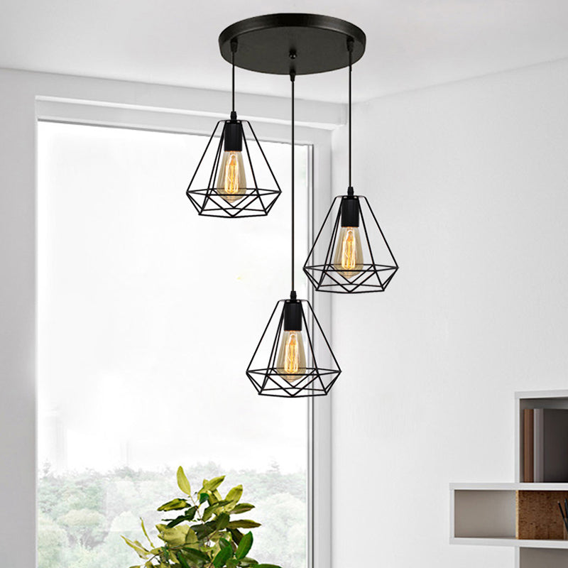 3 Lights Diamond Cage Multi Pendant Light Industrial Metal Hanging Pendant Lights for Restaurant Clearhalo 'Ceiling Lights' 'Modern Pendants' 'Modern' 'Pendant Lights' 'Pendants' Lighting' 2578747