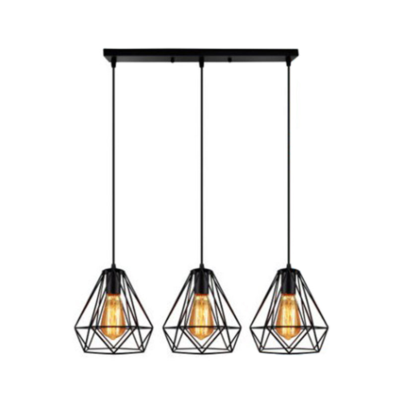 3 Lights Diamond Cage Multi Pendant Light Industrial Metal Hanging Pendant Lights for Restaurant Black Linear Clearhalo 'Ceiling Lights' 'Modern Pendants' 'Modern' 'Pendant Lights' 'Pendants' Lighting' 2578748