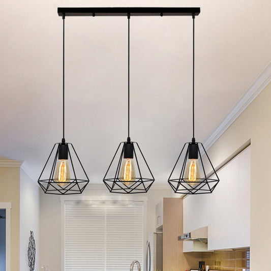 3 Lights Diamond Cage Multi Pendant Light,shopify Industrial Metal Hanging Pendant Lights for Restaurant Clearhalo 'Ceiling Lights' 'Lighting' 'Pendant Lights' 2578750_9c3ad727-2d87-44d7-903c-7ecdd49e3636