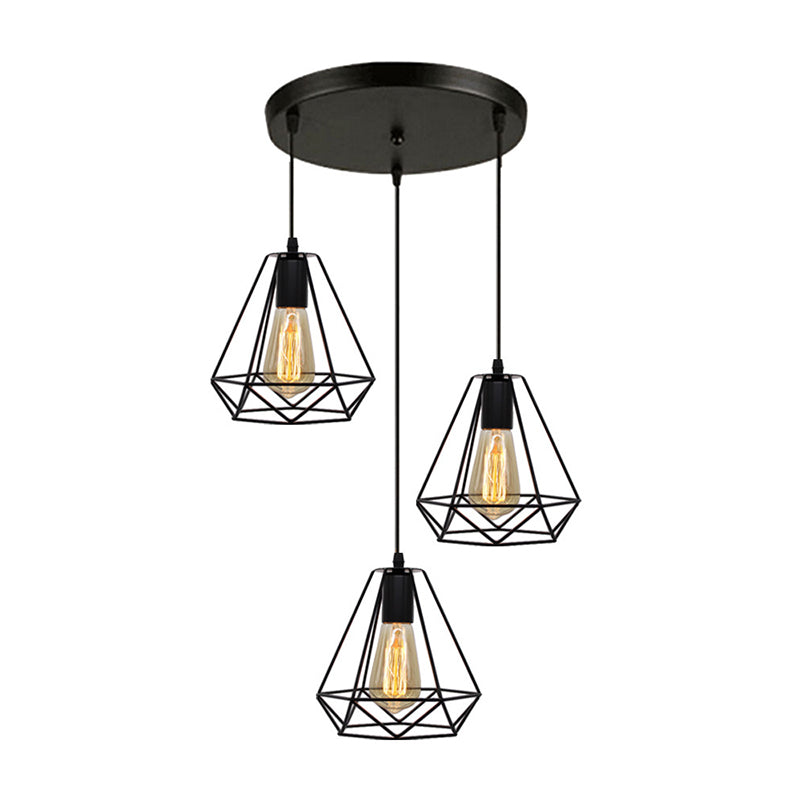 3 Lights Diamond Cage Multi Pendant Light Industrial Metal Hanging Pendant Lights for Restaurant Clearhalo 'Ceiling Lights' 'Modern Pendants' 'Modern' 'Pendant Lights' 'Pendants' Lighting' 2578752