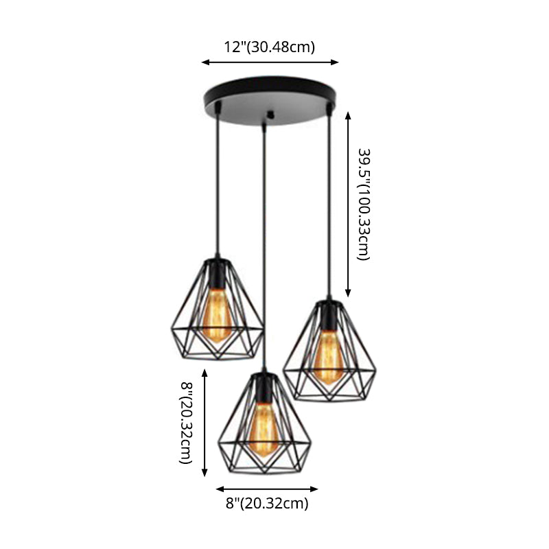 3 Lights Diamond Cage Multi Pendant Light Industrial Metal Hanging Pendant Lights for Restaurant Clearhalo 'Ceiling Lights' 'Modern Pendants' 'Modern' 'Pendant Lights' 'Pendants' Lighting' 2578754