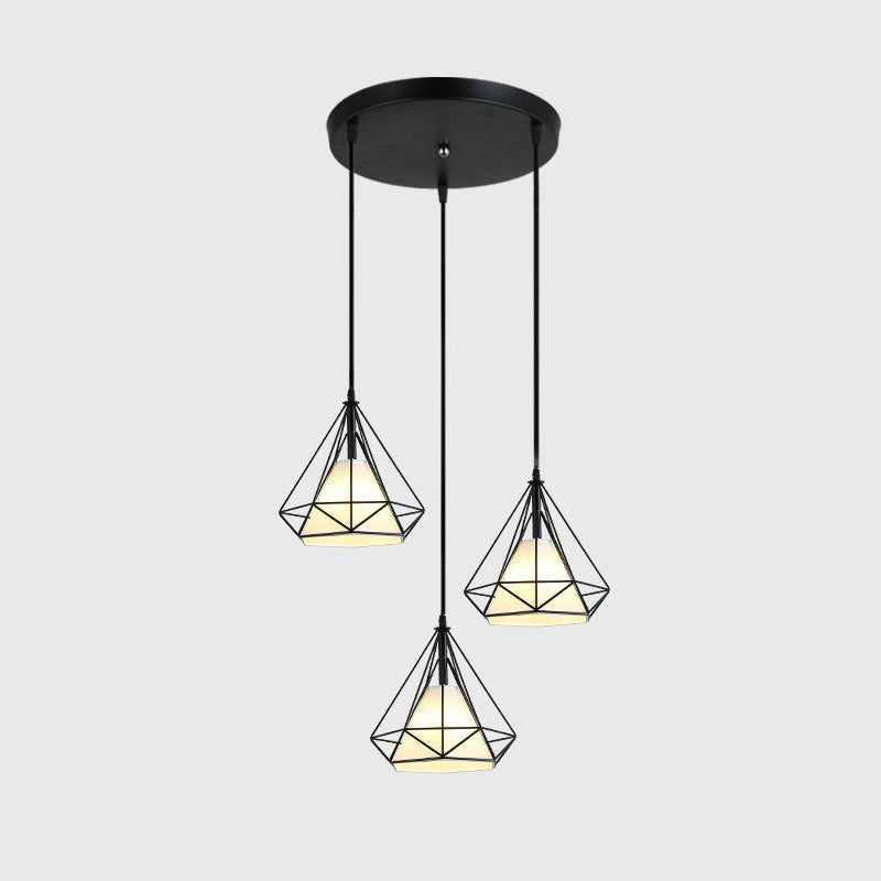 3 Lights Diamond Cage Multi Pendant Light Creative Industrial Metal Multi-Light Pendant for Restaurant Black Round Clearhalo 'Ceiling Lights' 'Modern Pendants' 'Modern' 'Pendant Lights' 'Pendants' Lighting' 2578799