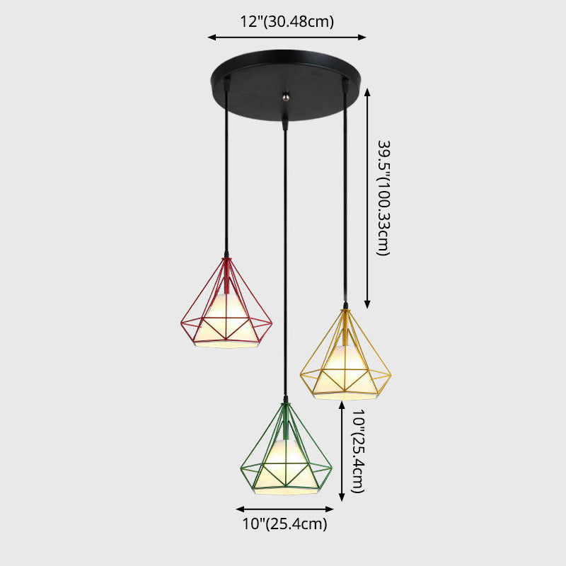 3 Lights Diamond Cage Multi Pendant Light Creative Industrial Metal Multi-Light Pendant for Restaurant Clearhalo 'Ceiling Lights' 'Modern Pendants' 'Modern' 'Pendant Lights' 'Pendants' Lighting' 2578812