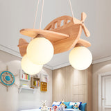 3 Lights Airplane Pendant Light Fixture Cartoon Wooden Suspension Pendant Light with Ball White Glass Shade Clearhalo 'Ceiling Lights' 'Pendant Lights' 'Pendants' Lighting' 2579030