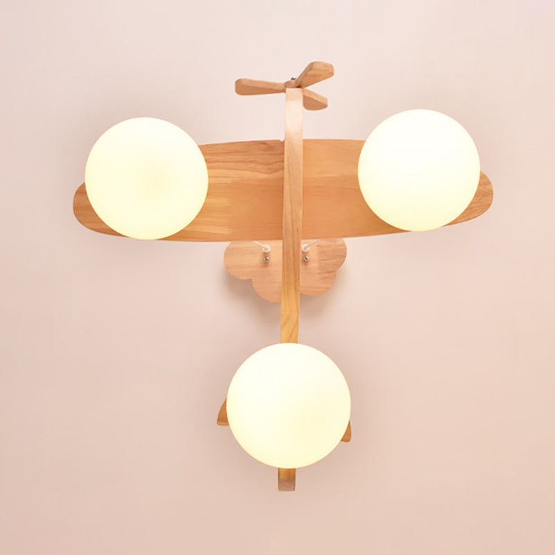 3 Lights Airplane Pendant Light Fixture Cartoon Wooden Suspension Pendant Light with Ball White Glass Shade Clearhalo 'Ceiling Lights' 'Pendant Lights' 'Pendants' Lighting' 2579031