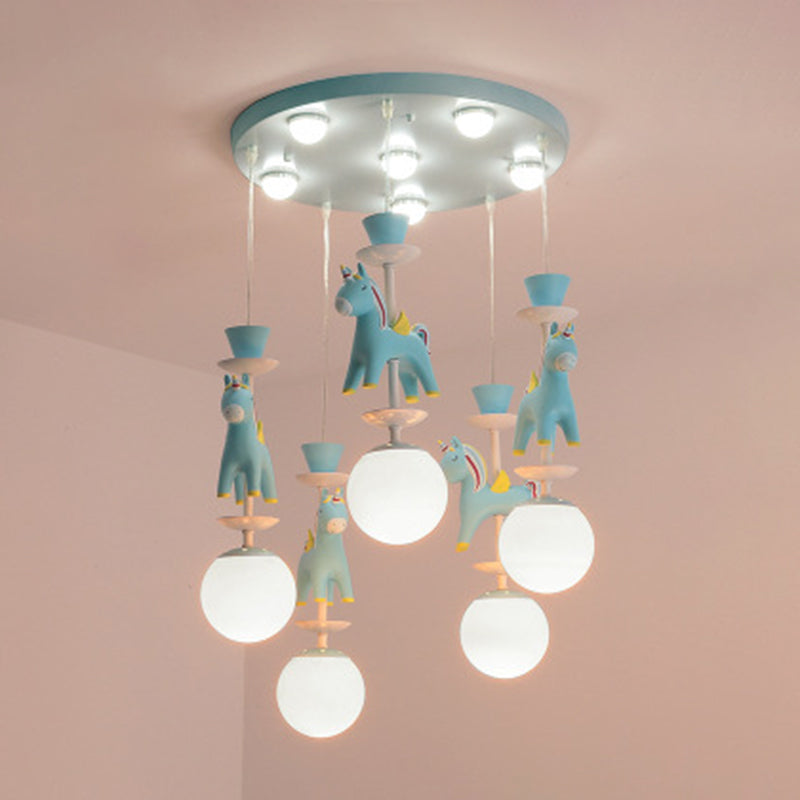 Carousel Hanging Ceiling Light Cartoon Resin Hanging Pendant Light for Girls Bedroom 5 Blue Warm Clearhalo 'Ceiling Lights' 'Pendant Lights' 'Pendants' Lighting' 2579080