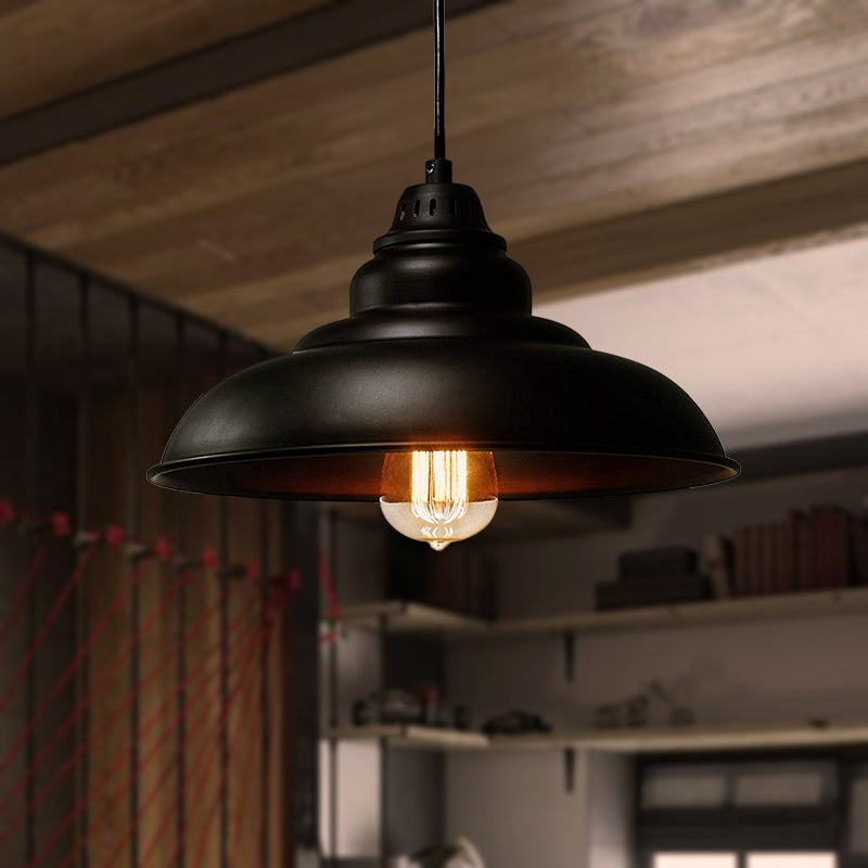 Bowl Dining Room Suspension Lamp Metal 1 Light Industrial Style Hanging Pendant Light in Black Black Clearhalo 'Art Deco Pendants' 'Black' 'Cast Iron' 'Ceiling Lights' 'Ceramic' 'Crystal' 'Industrial Pendants' 'Industrial' 'Metal' 'Middle Century Pendants' 'Pendant Lights' 'Pendants' 'Rustic Pendants' 'Tiffany' Lighting' 257912