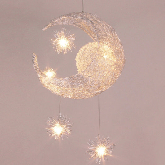 5 Lights Moon and Star Ceiling Suspension Lamp Kids Metallic Pendant Light Fixtures for Boys Girls Bedroom Clearhalo 'Ceiling Lights' 'Pendant Lights' 'Pendants' Lighting' 2579175