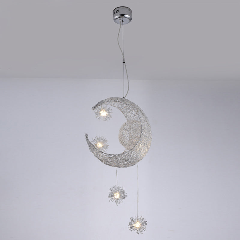 5 Lights Moon and Star Ceiling Suspension Lamp Kids Metallic Pendant Light Fixtures for Boys Girls Bedroom Chrome Clearhalo 'Ceiling Lights' 'Pendant Lights' 'Pendants' Lighting' 2579176