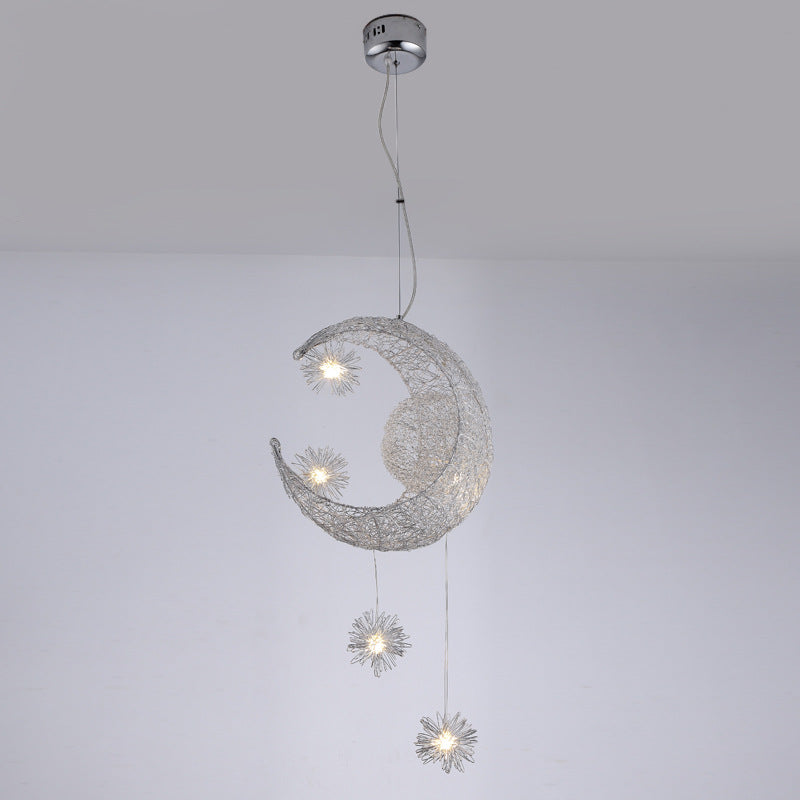 5 Lights Moon and Star Ceiling Suspension Lamp Kids Metallic Pendant Light Fixtures for Boys Girls Bedroom Clearhalo 'Ceiling Lights' 'Pendant Lights' 'Pendants' Lighting' 2579179