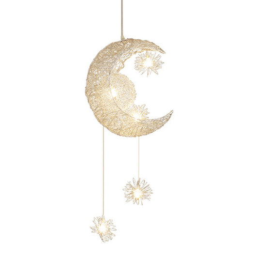 5 Lights Moon and Star Ceiling Suspension Lamp Kids Metallic Pendant Light Fixtures for Boys Girls Bedroom Clearhalo 'Ceiling Lights' 'Pendant Lights' 'Pendants' Lighting' 2579180